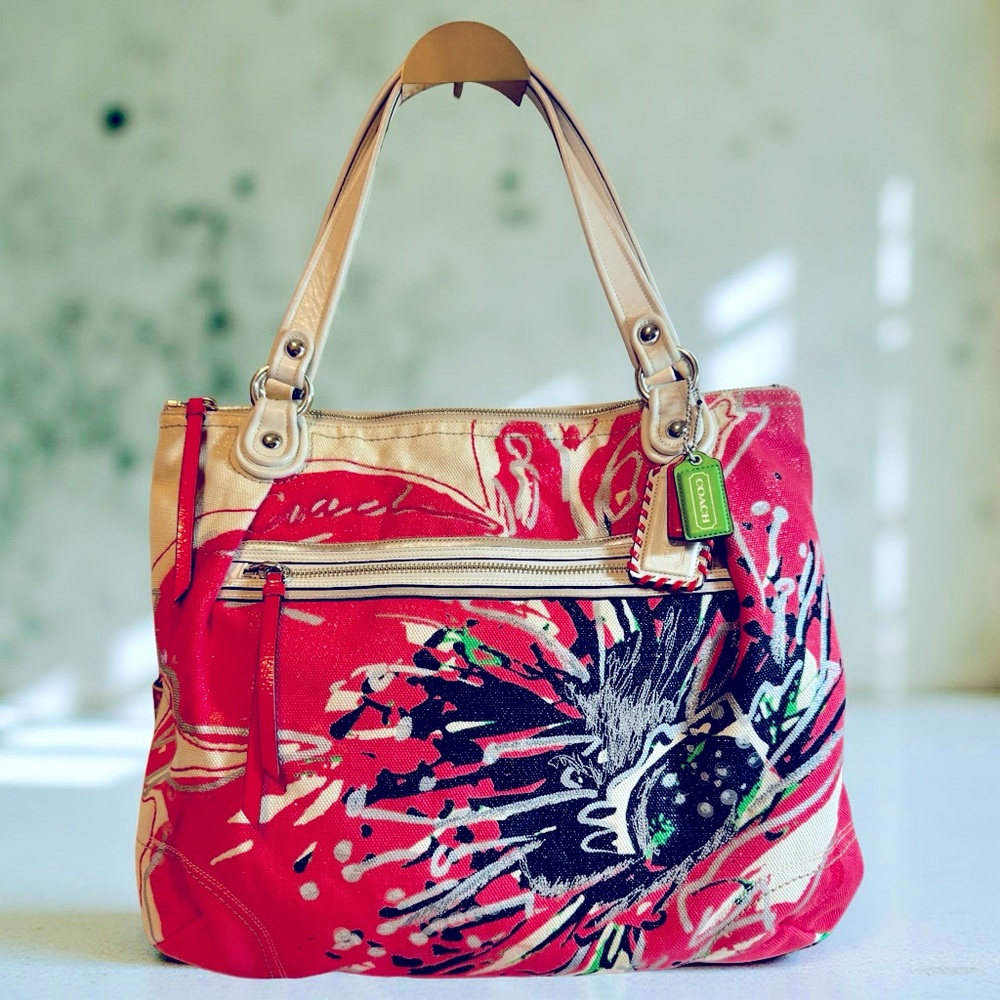 Coach Red Floral Canvas Shoulder Bag with Cream Handles